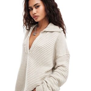 Free People Tan Marlie V-Neck Knit Sweater